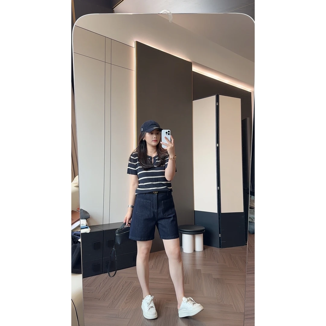 天丝亚麻条纹正肩针织短袖  7955