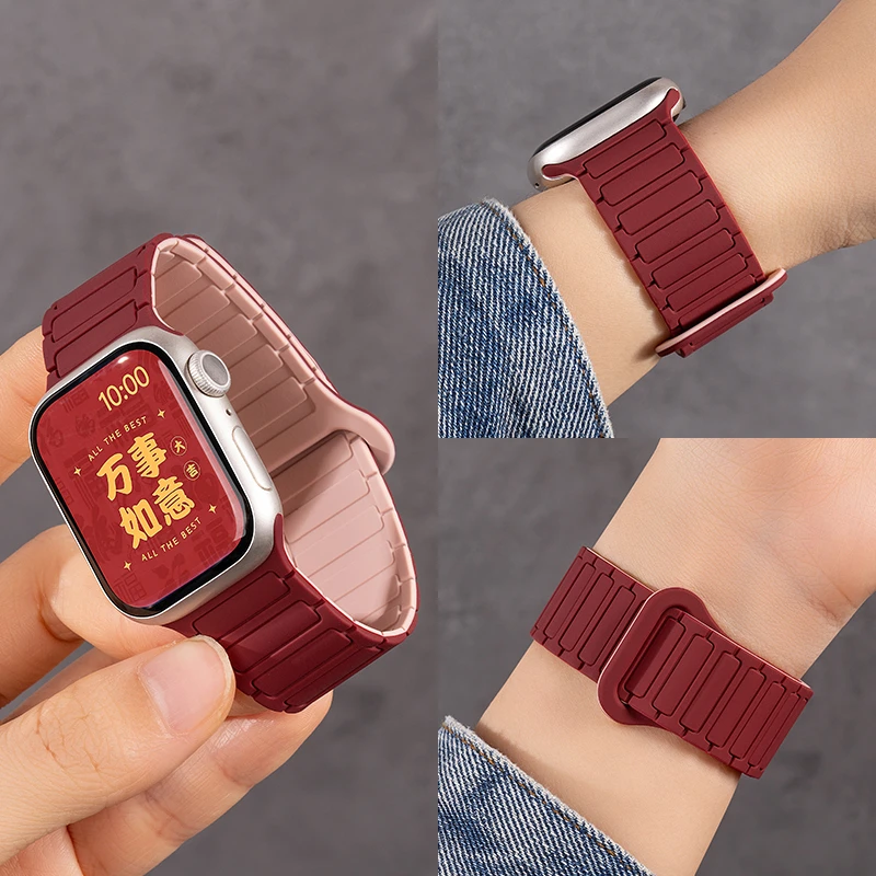 适用苹果S10手表iwatch表带applewatch9/8/7/se新年红色表带
