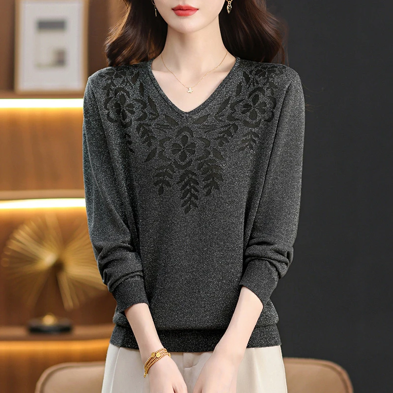 妈妈装V领亮丝针织打底衫2025秋季新款早秋女装薄款长袖气质上衣