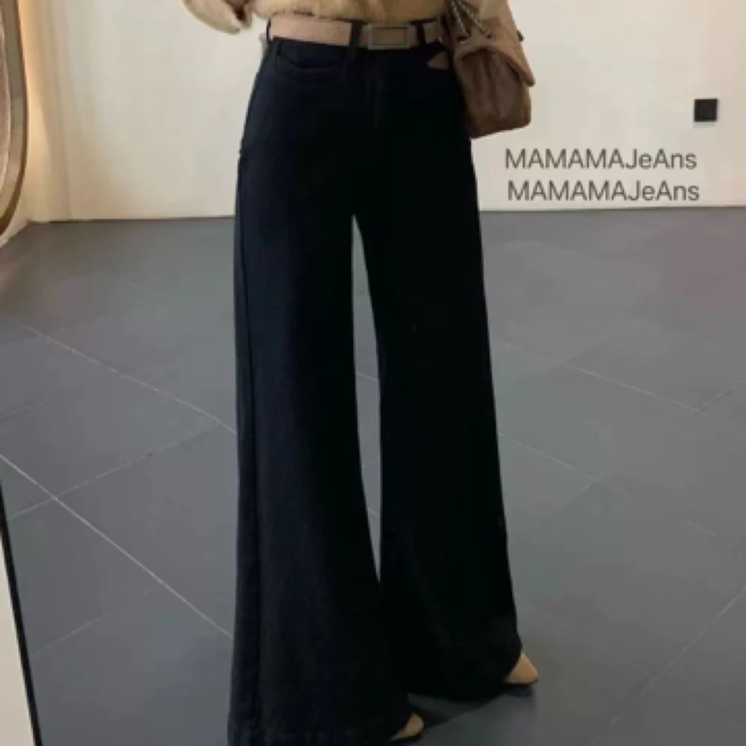 复古简约风垂感腰带阔腿裤2025春季新款时尚高腰宽松显瘦牛仔裤女