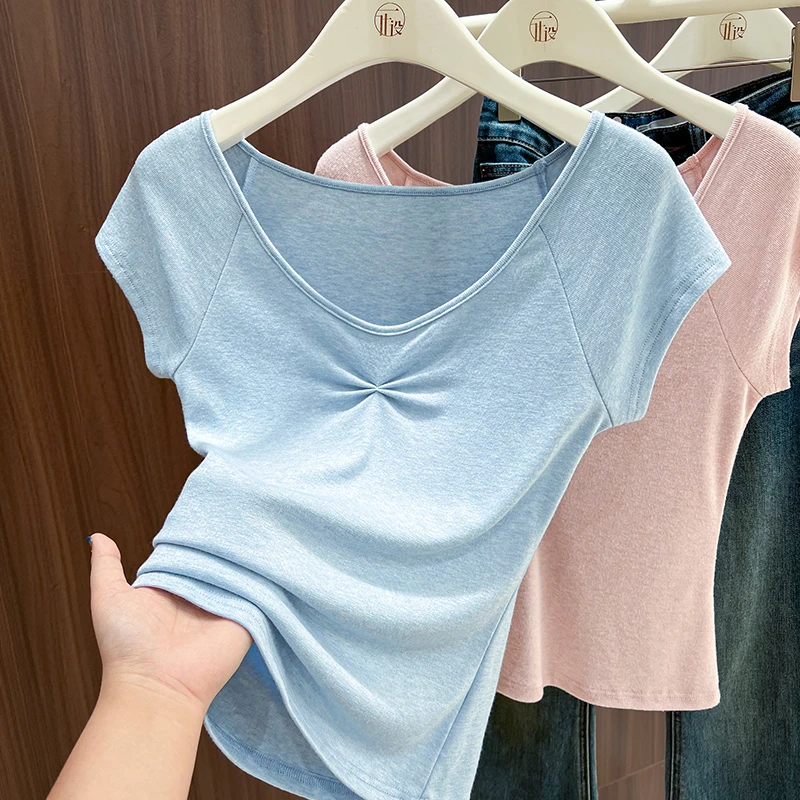 蓝色露锁骨洋气修身短袖女t恤夏季新款捏褶设计大v领显瘦薄款上衣