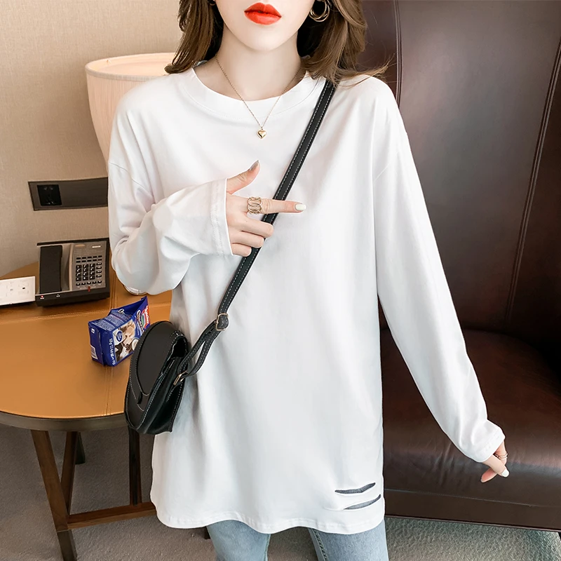 白色长袖t恤女2022年新款内搭大码体恤圆领宽松棉质中长款上衣服