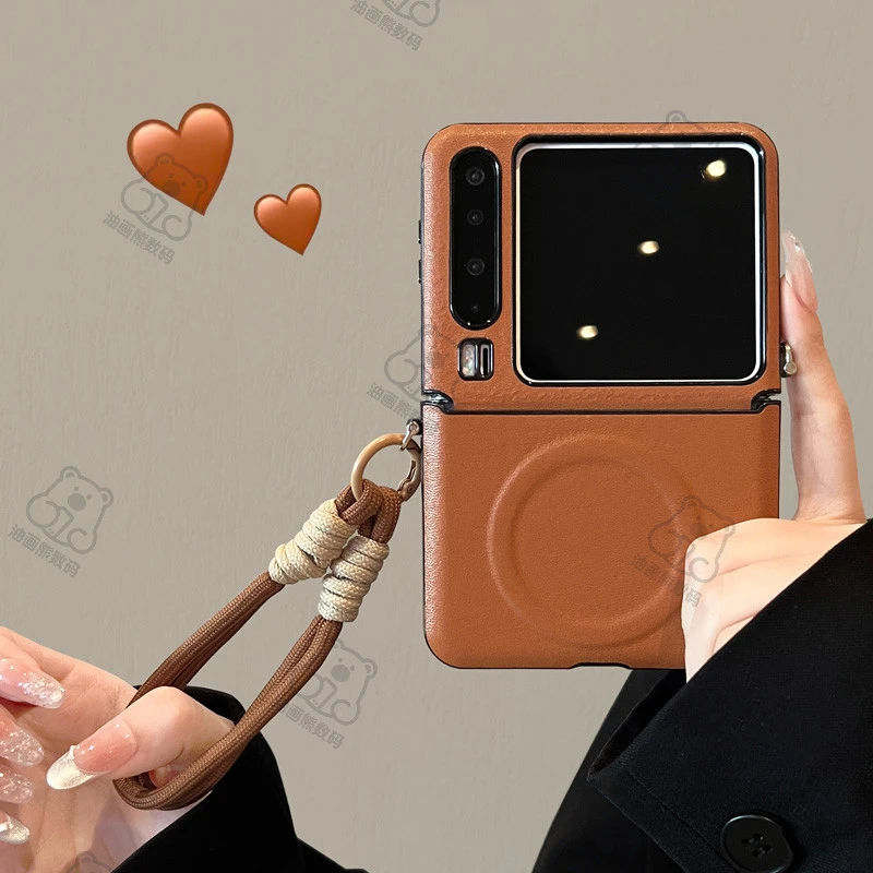 适用于华为PuraX秋冬款羊巴皮内置ins磁吸防摔带挂绳折叠屏手机壳