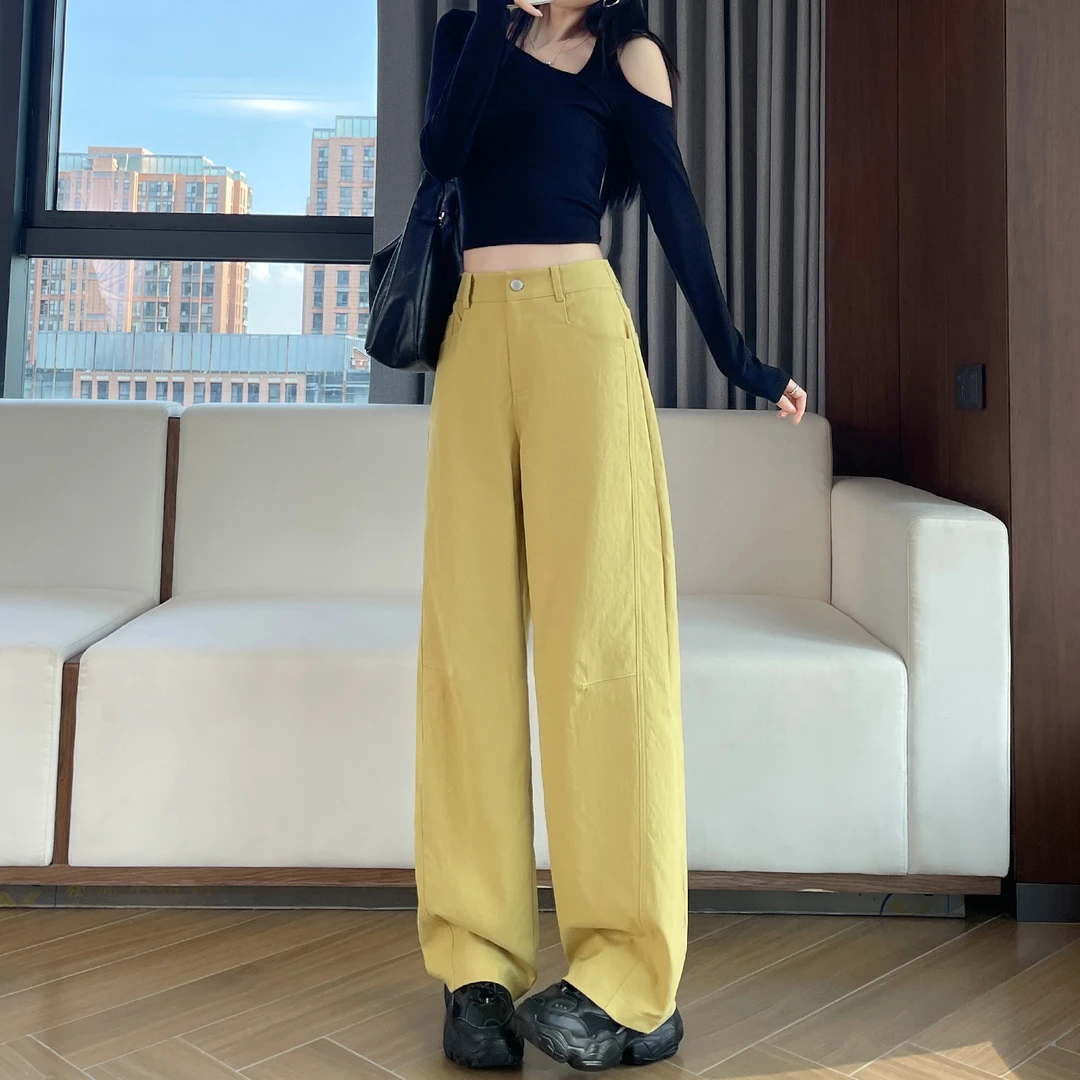 黄色窄版弯刀阔腿裤女春秋2025新款高腰宽松设计感显瘦垂感阔腿裤