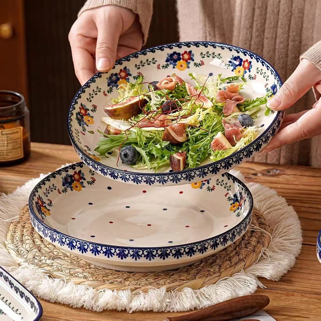 1港风家用7.2英寸圆盘叠叠盘复古风格圆菜盘高温瓷釉下彩餐具