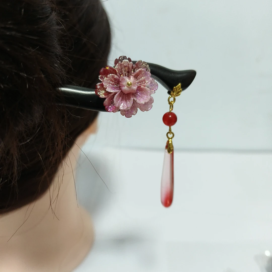 A066黑檀木芙蓉花流苏发簪新中式高级感盘发头饰女国风复古步摇