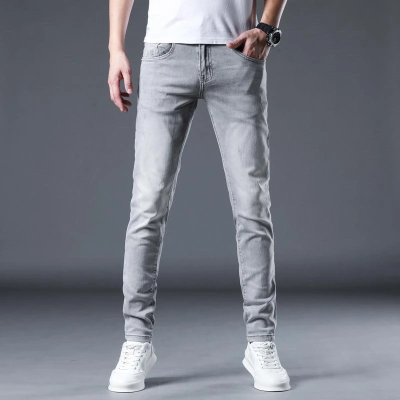【高定潮品】2024潮流上新3633潮流百搭烟灰色修身男士水洗牛仔长裤