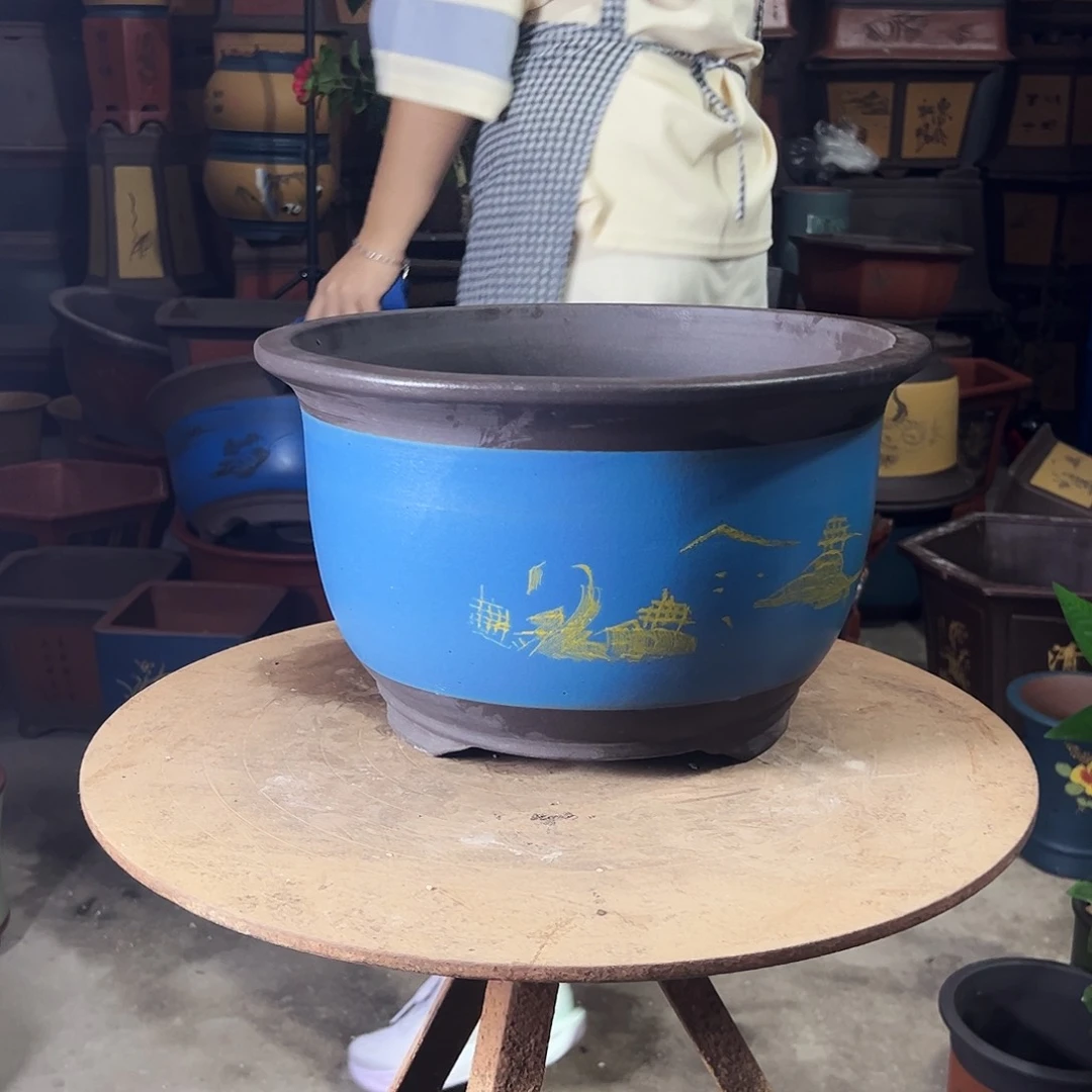 宜兴紫砂花盆花盆36蓝山水