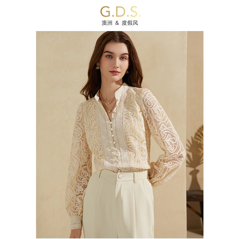 GDS·澳洲品牌2024女上衣镂空蕾丝法式衬衫高级感长袖气质衬衣设计