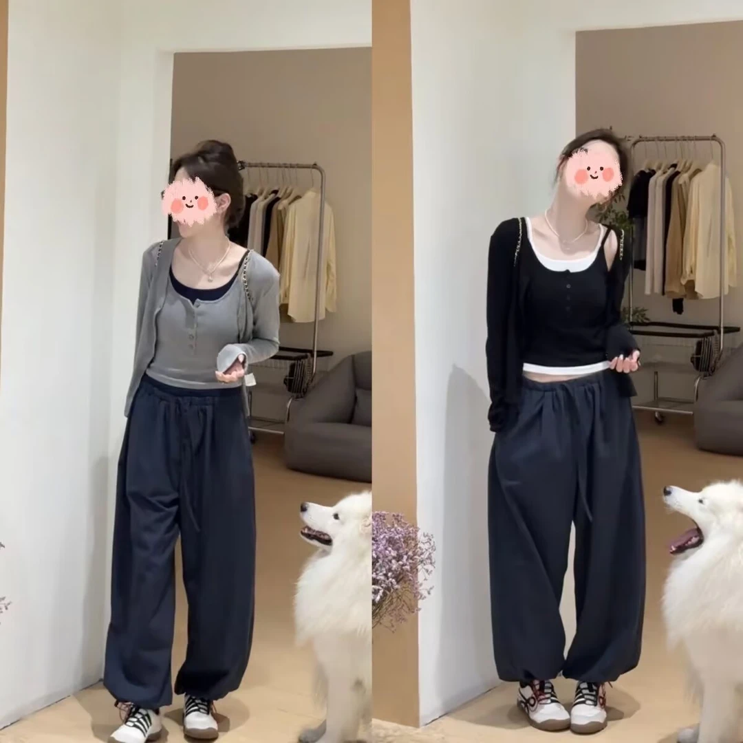 三件套2025早秋新款韩系休闲时尚宽松简约拼接背背心开衫长裤套装