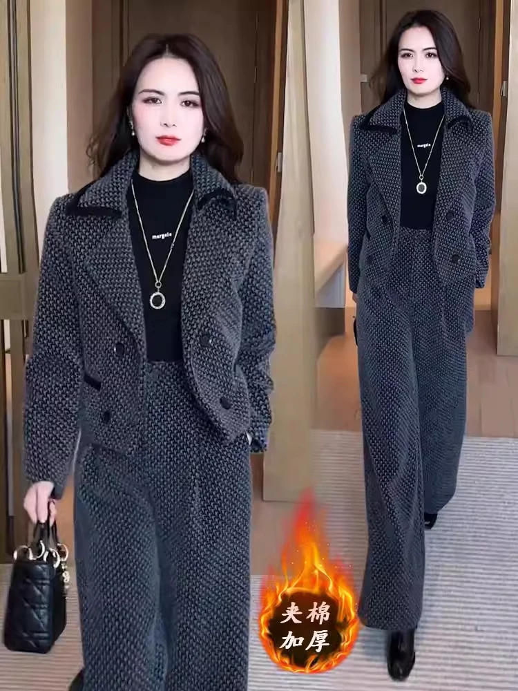 2025冬季新款时尚套装女时髦洋气加棉短外套阔腿裤两件套潮秋冬