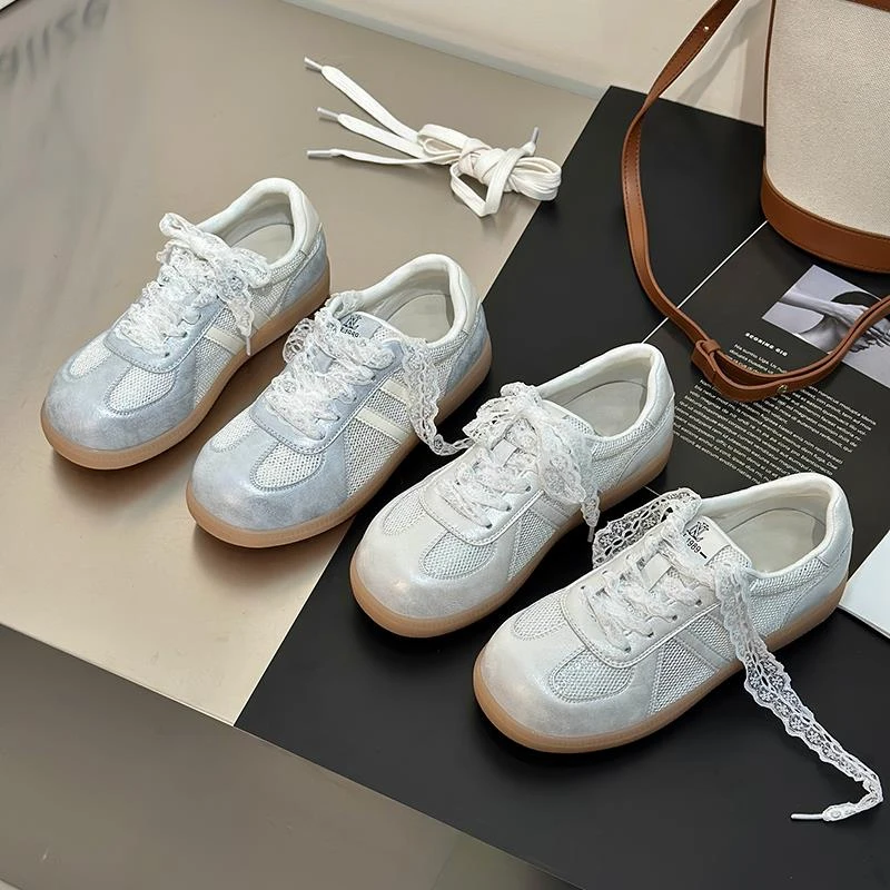 洋气~蕾丝网面透气单设鞋女2025春夏软底珠光小白鞋百搭丑萌板鞋