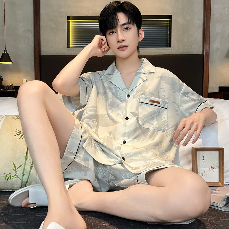 睡衣男士夏季2025新款冰丝短袖薄款夏天青少年男生家居服丝绸套装