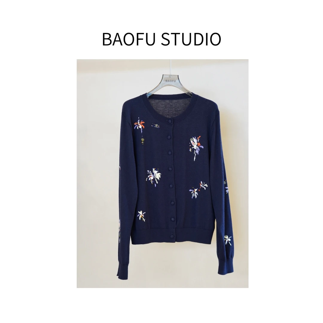 BAOFU studio｜烟花珠片丝羊毛长袖针织衫藏青单排扣常规开衫毛衣