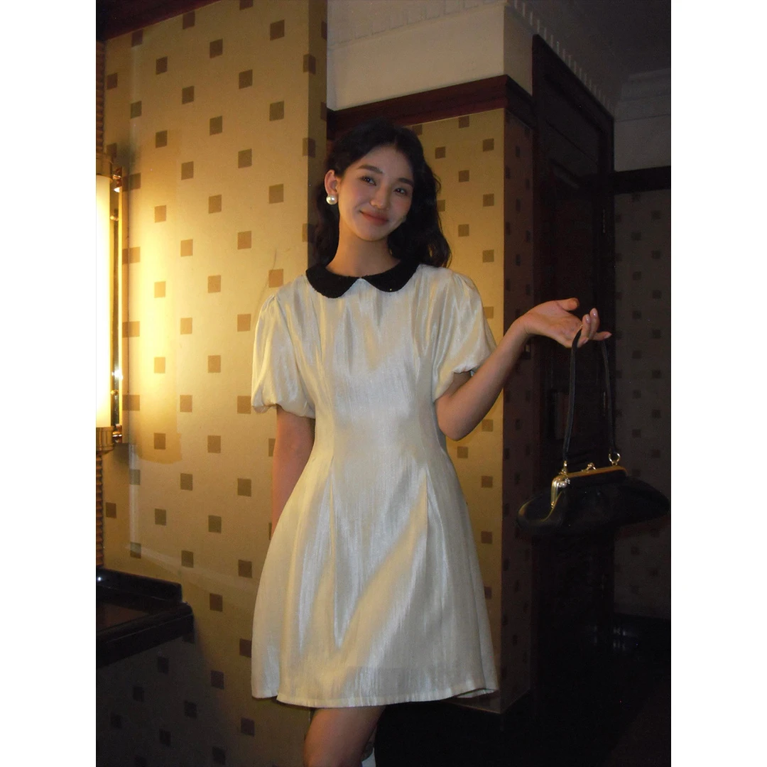 夏法式娃娃领裙子女收腰气质黑色连衣裙81223