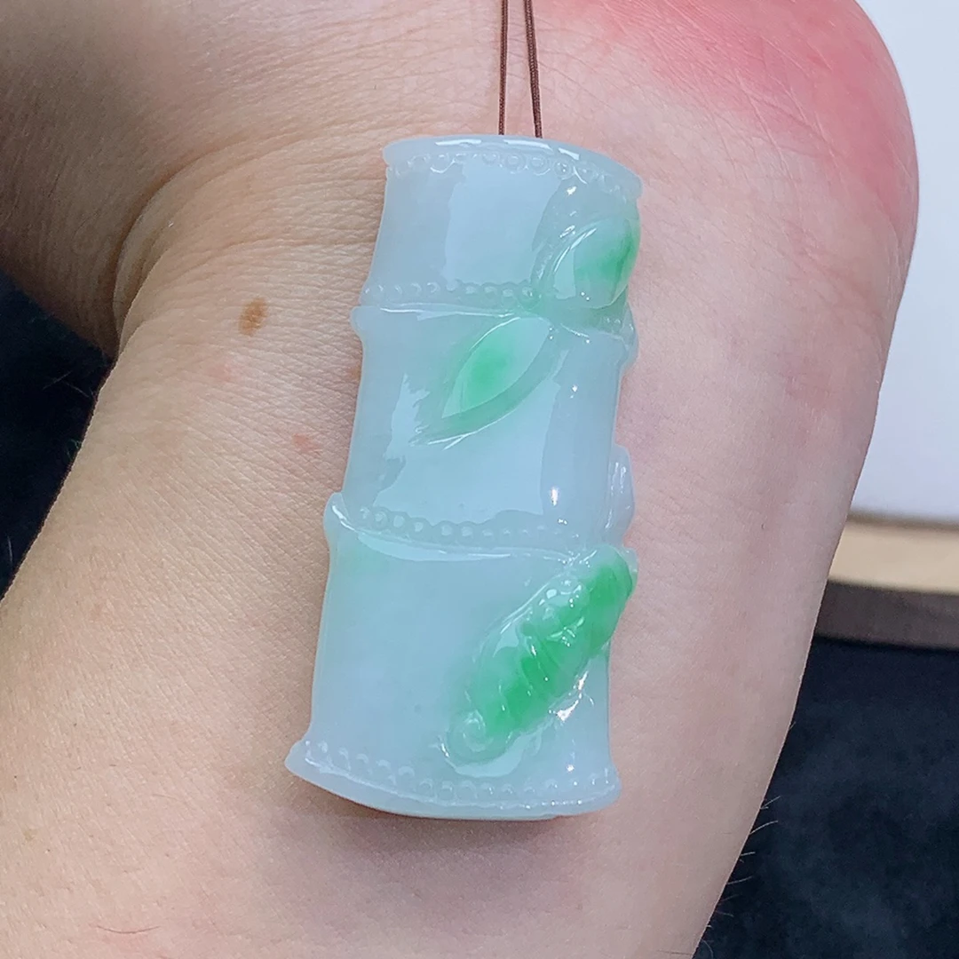 精雕 飘绿 竹节 节节高升 吊坠 挂坠 21.71g 缅甸天然A货翡翠玉石