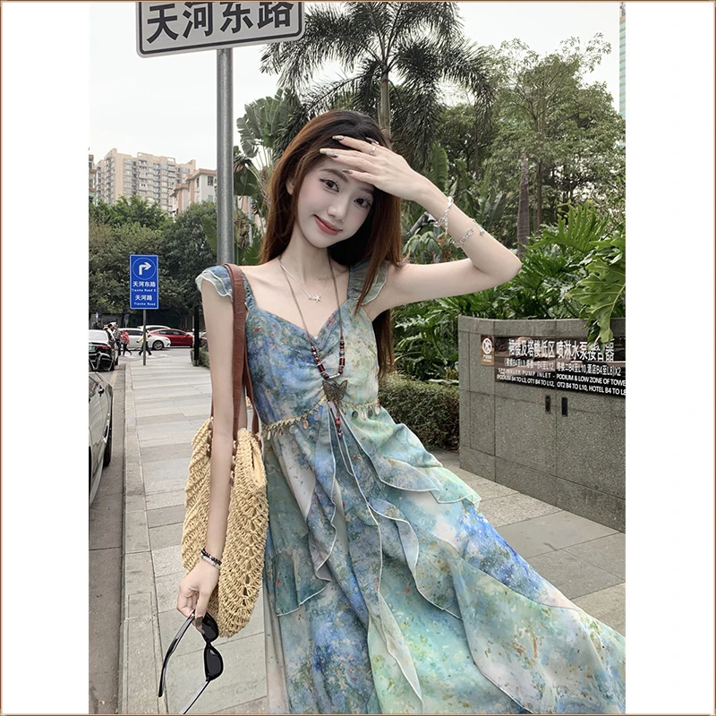 复古时尚气质连衣裙新款宽松时尚印花过膝长裙女装小众小清新爆款