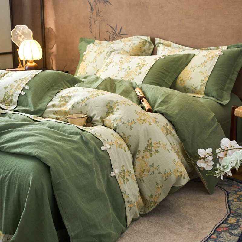 高端复古全棉纯棉提花双层纱盘扣四件套100%全棉印花纱布床品套件