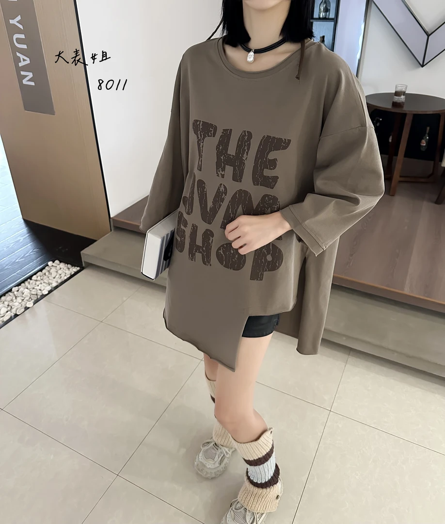 8011胖mm大码设计感个性炸街长袖T恤大码女装早秋新款中长款上衣
