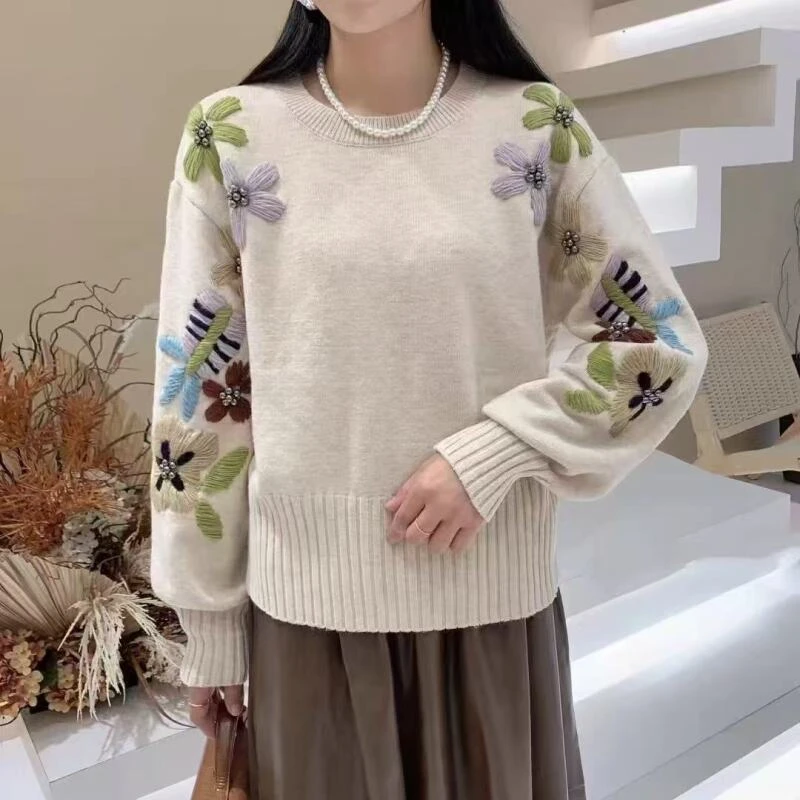 D102#手工钉珠编织花朵针织衫女秋韩版甜美减龄宽松百搭毛衣