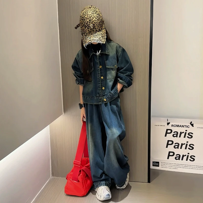 女童秋季牛仔套装2025新款儿童韩范时髦外套女大童韩版休闲牛仔裤