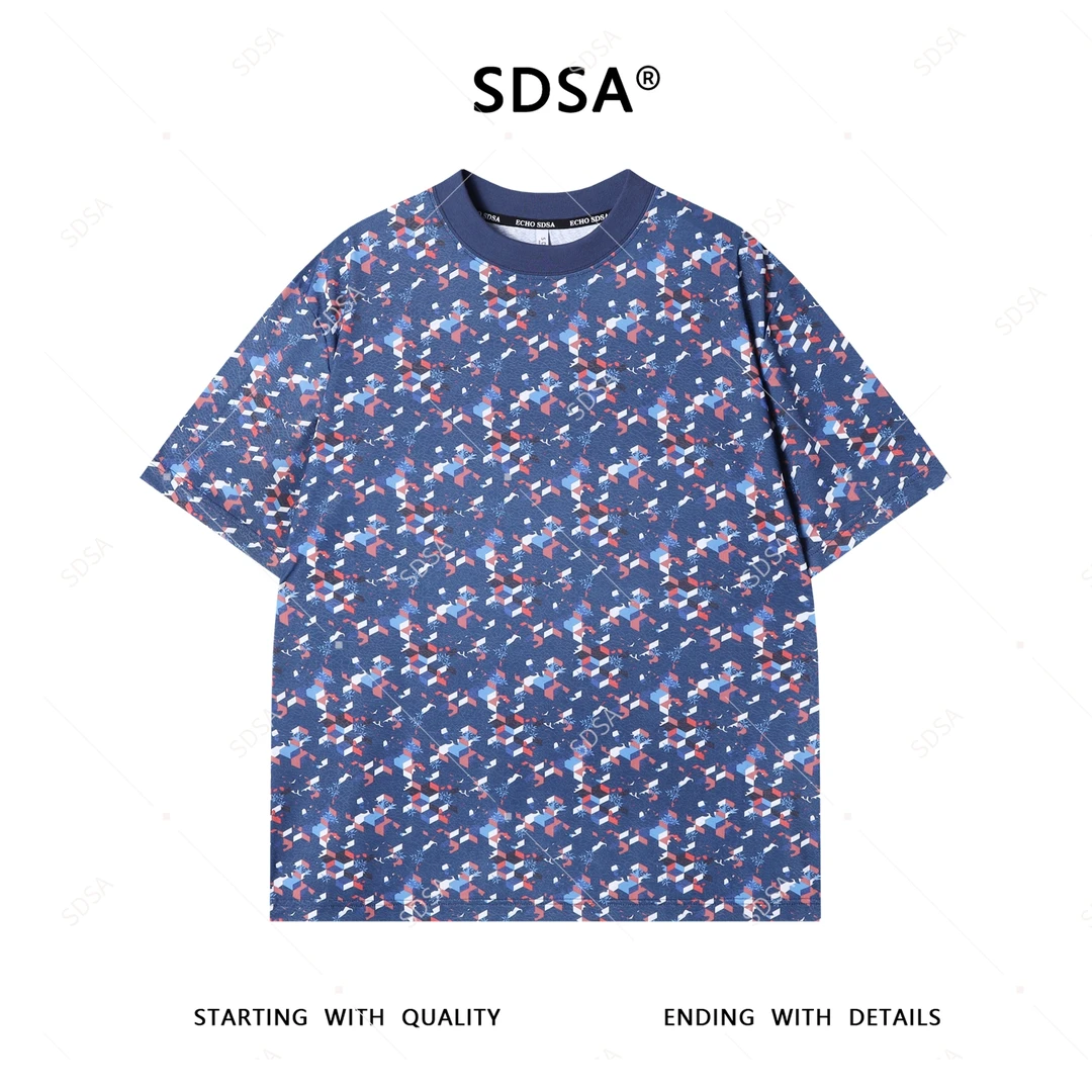 SDSA夏季新款男士痞帅轻奢撞色图形设计圆领短袖T恤时尚宽松上衣