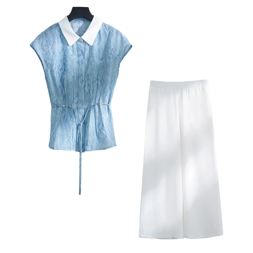 【夏季新款】时尚简约翻领印花小衫阔腿裤两件套CS6588衣长60裤长94