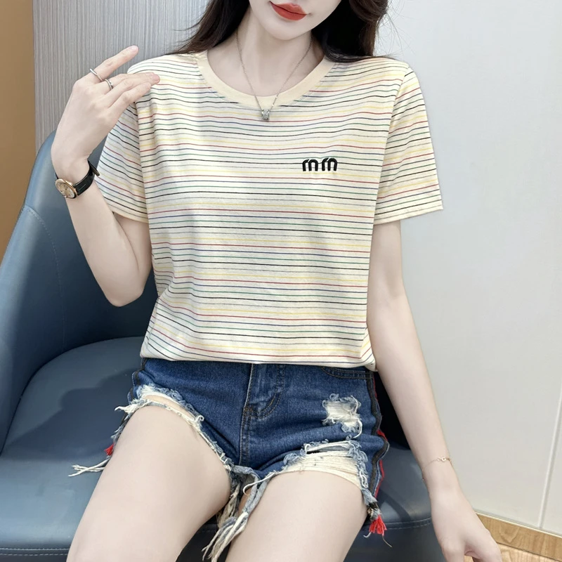 2025新款百搭耐磨常规短袖韩版宽松女夏T恤打底衫修身大码条纹