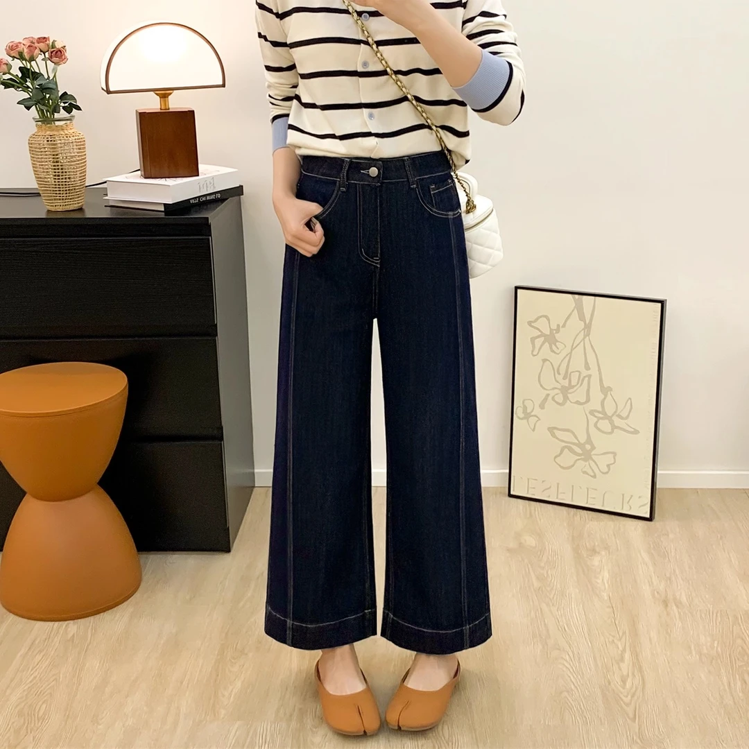 丹宁蓝阔腿牛仔裤女2025新款春秋窄版高腰大码宽松显瘦百搭直筒裤