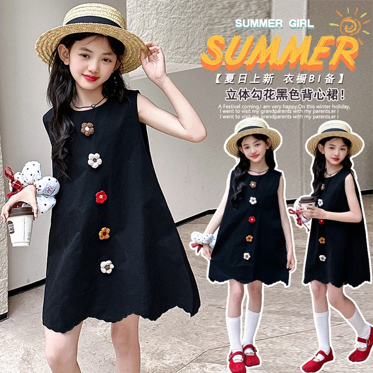 新款女童夏季韩版钩花花朵背心裙中腰圆领棉质A字连衣裙适中柔软