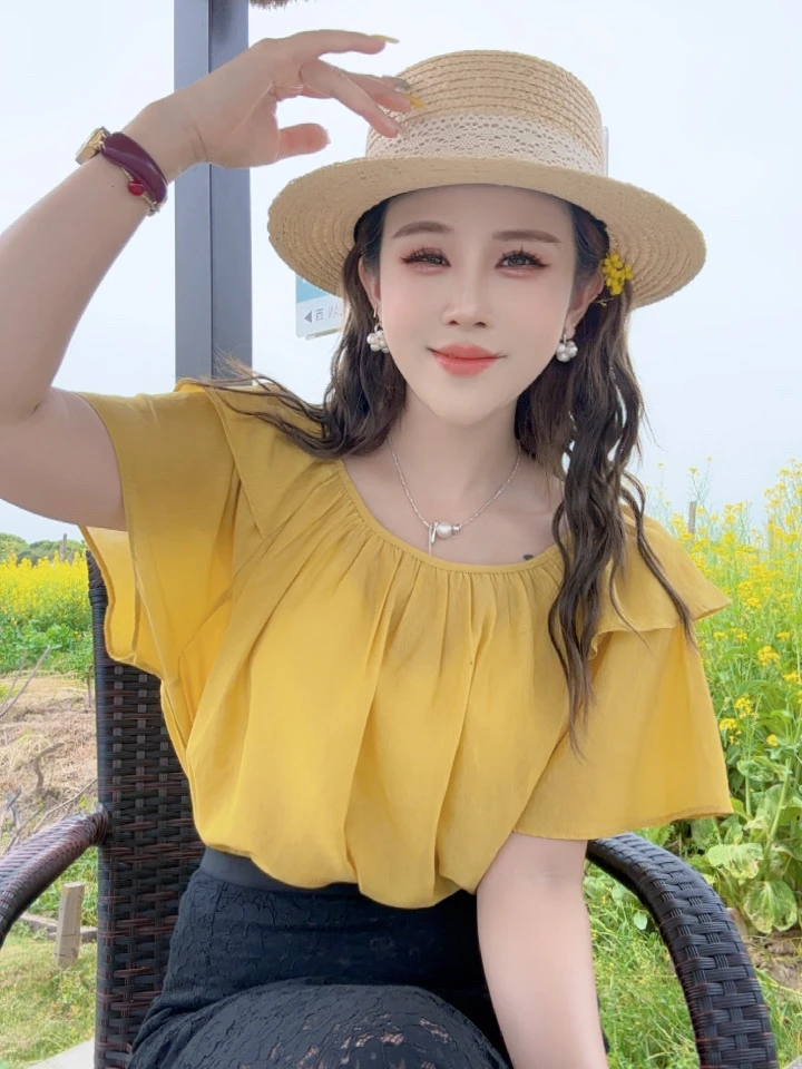 恰逢景梅子自留款女衬衫炸街设计感减龄褶皱荷叶边时尚防晒衬衫