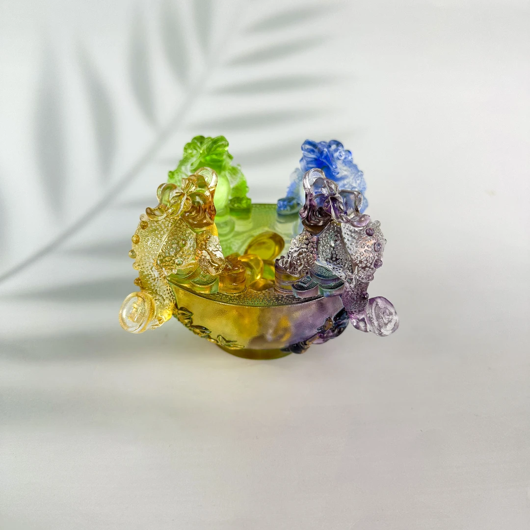 古法琉璃四方金蝉聚宝盆开业摆件吉祥物轻奢貔貅麒麟家用纯手工