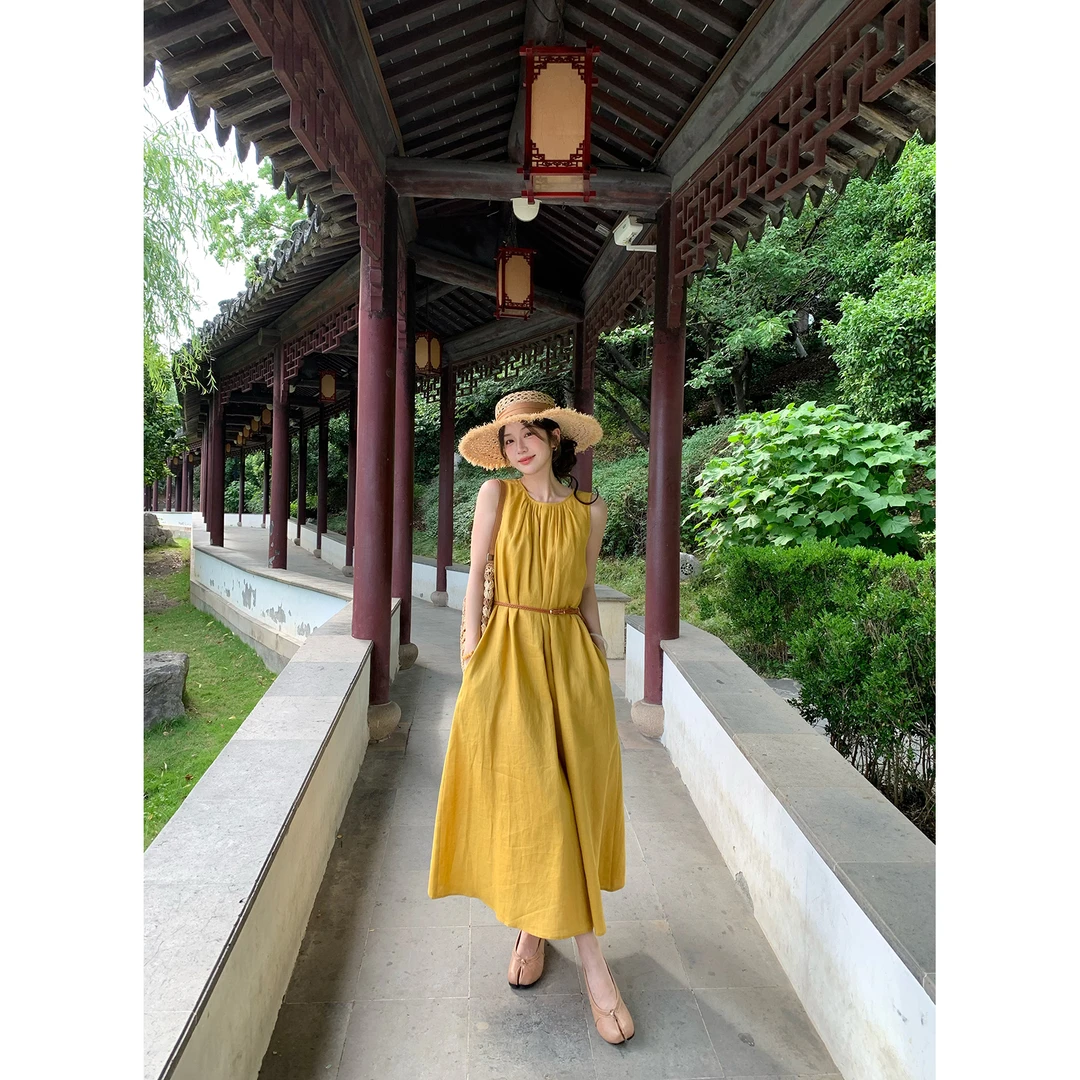 陳文文xenl【暮色甜茶】夏季新款极简风纯色宽松显瘦无袖连衣裙2031
