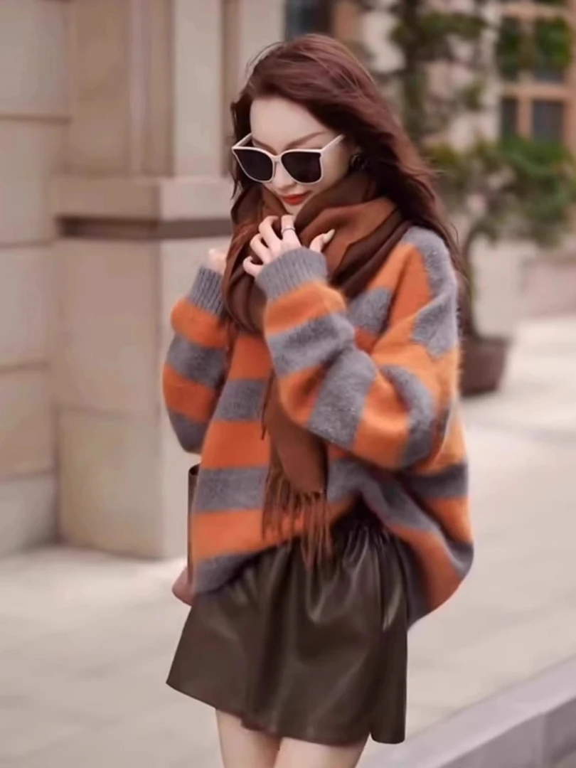 港味复古风撞色条纹毛衣女韩版慵懒风宽松潮流软糯套头针织衫上衣