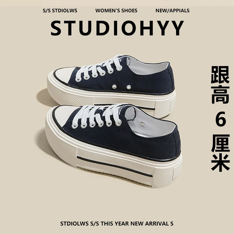【禾央央】6cm帆布鞋女厚底2025夏季学生休闲增高透气运动板鞋ins潮