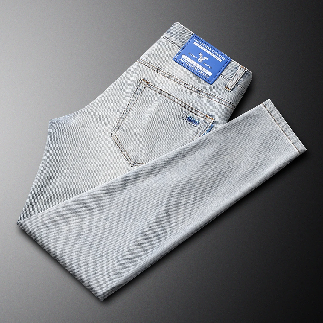 夏季潮牌牛仔裤男薄款微弹力修身小直筒长裤个性浅色时尚简约男装