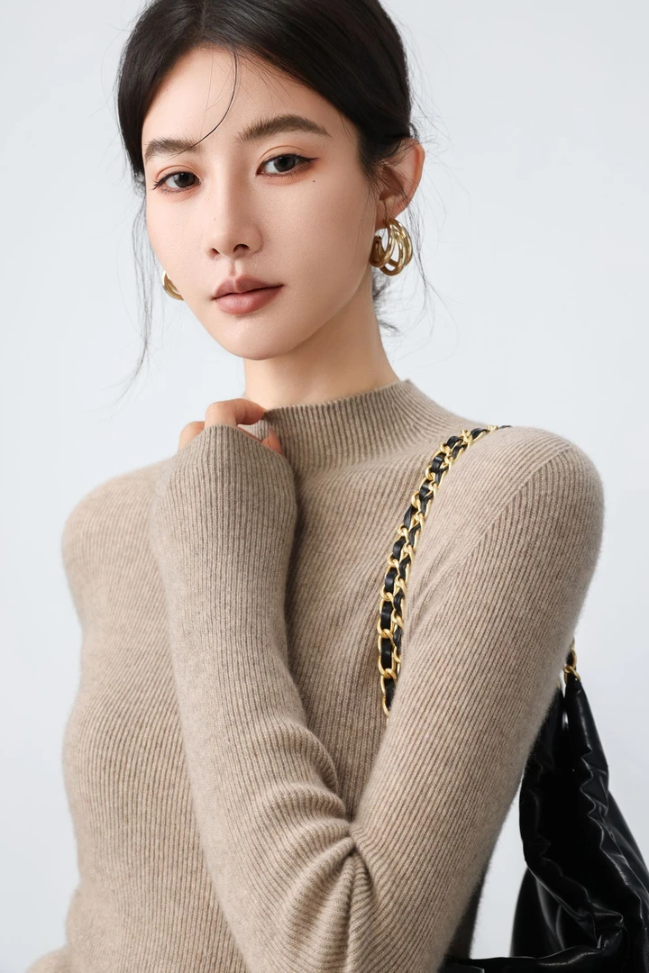 【康赛妮高奢100%羊绒】 坑条半高领内搭羊绒打底衫女士冬季加厚C12