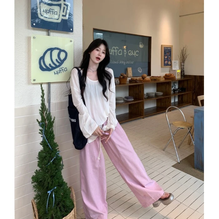 慵懒风薄款斜肩长袖T恤女早秋宽松防晒罩衫抽绳条纹直筒长裤套装