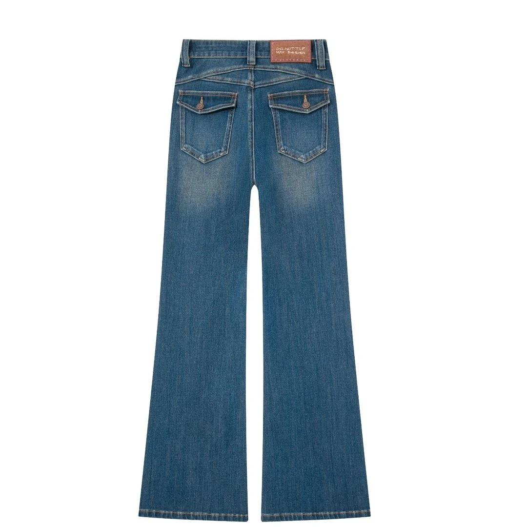 新款筒喇裤绿色系复古设计感高腰牛仔裤女时尚宽松百搭蓝色喇叭裤