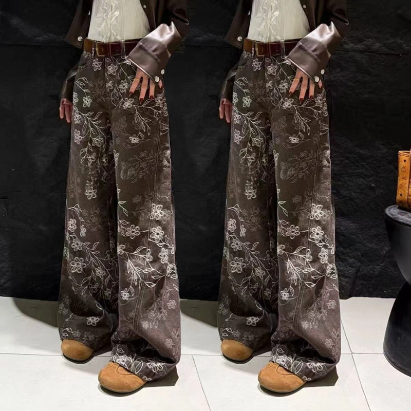 2025复古新款直筒提花春秋牛仔裤筒裤高腰宽松时尚阔腿裤慵懒风