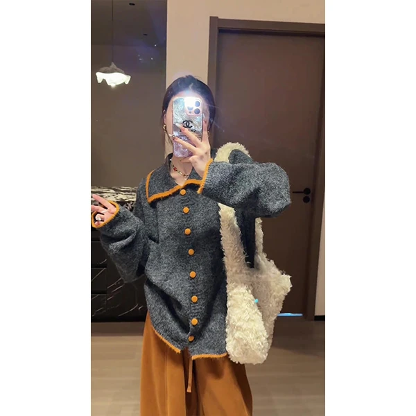 慵懒撞色搭配针织衫2025秋冬新款时尚洋气翻领单排扣毛衣裤子套装