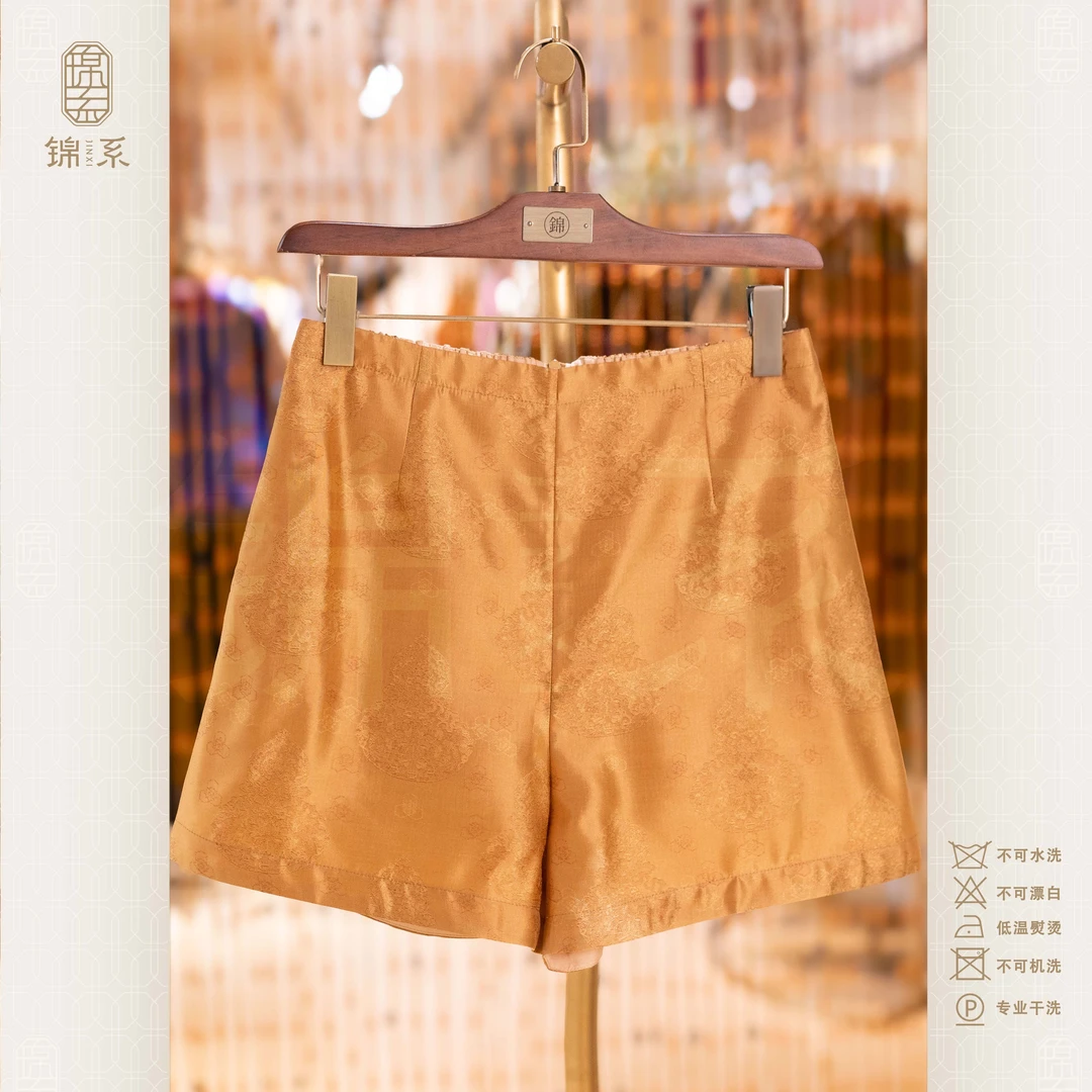 【锦系】真丝新中式国风桑蚕丝后松紧腰螺钿工艺短裤K-382953