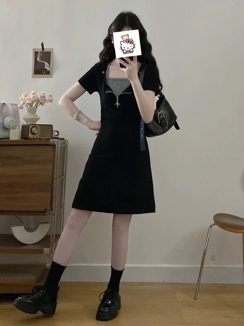 大码辣妹针织连衣裙夏季赫本风气质小黑裙女装胖MM显瘦遮肚子裙子