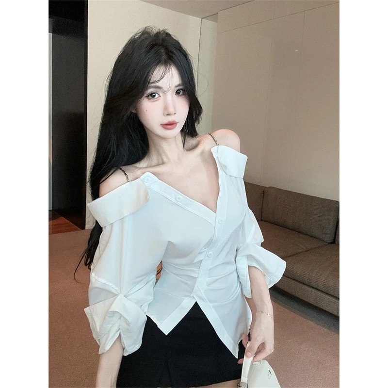 辣妹设计感一字肩漏肩性感V领不规则纯色修身显瘦衬衫女裙裤套装