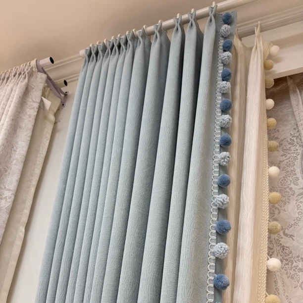 美家 高端窗帘色织提花（羊毛绒）海盐蓝遮光双面成品新房卧室 春颂