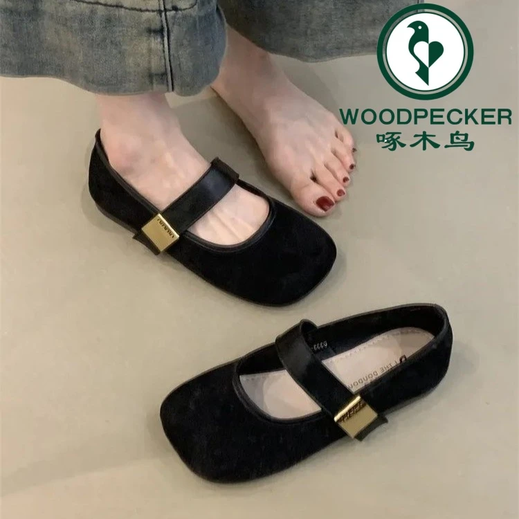 啄木鸟复古绒面浅口单鞋女2025年夏季新款韩版温柔软平底玛丽珍鞋