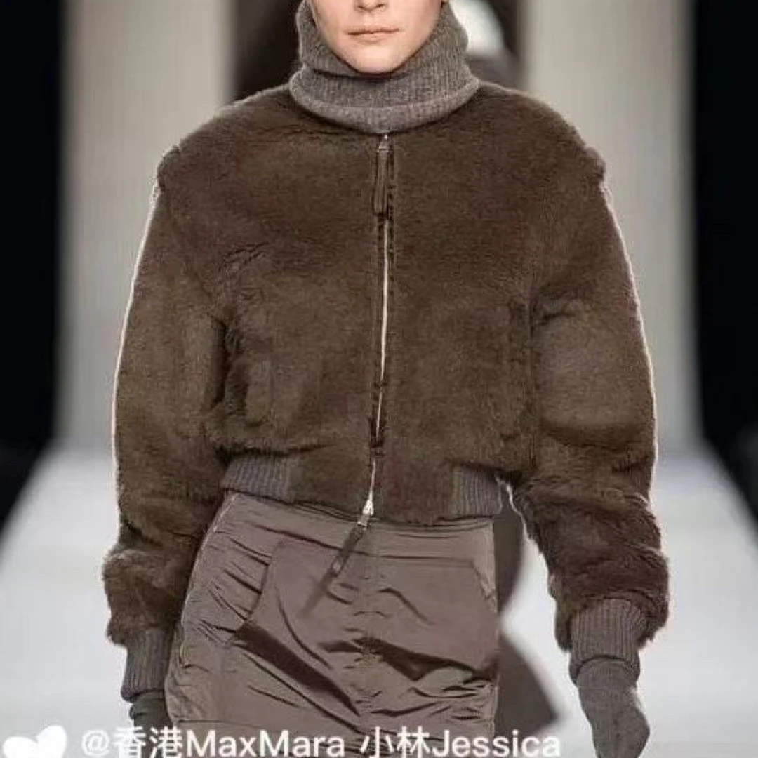 99新 MaxMara 纯色罗纹边饰拉链长袖短款夹克外套38码03325