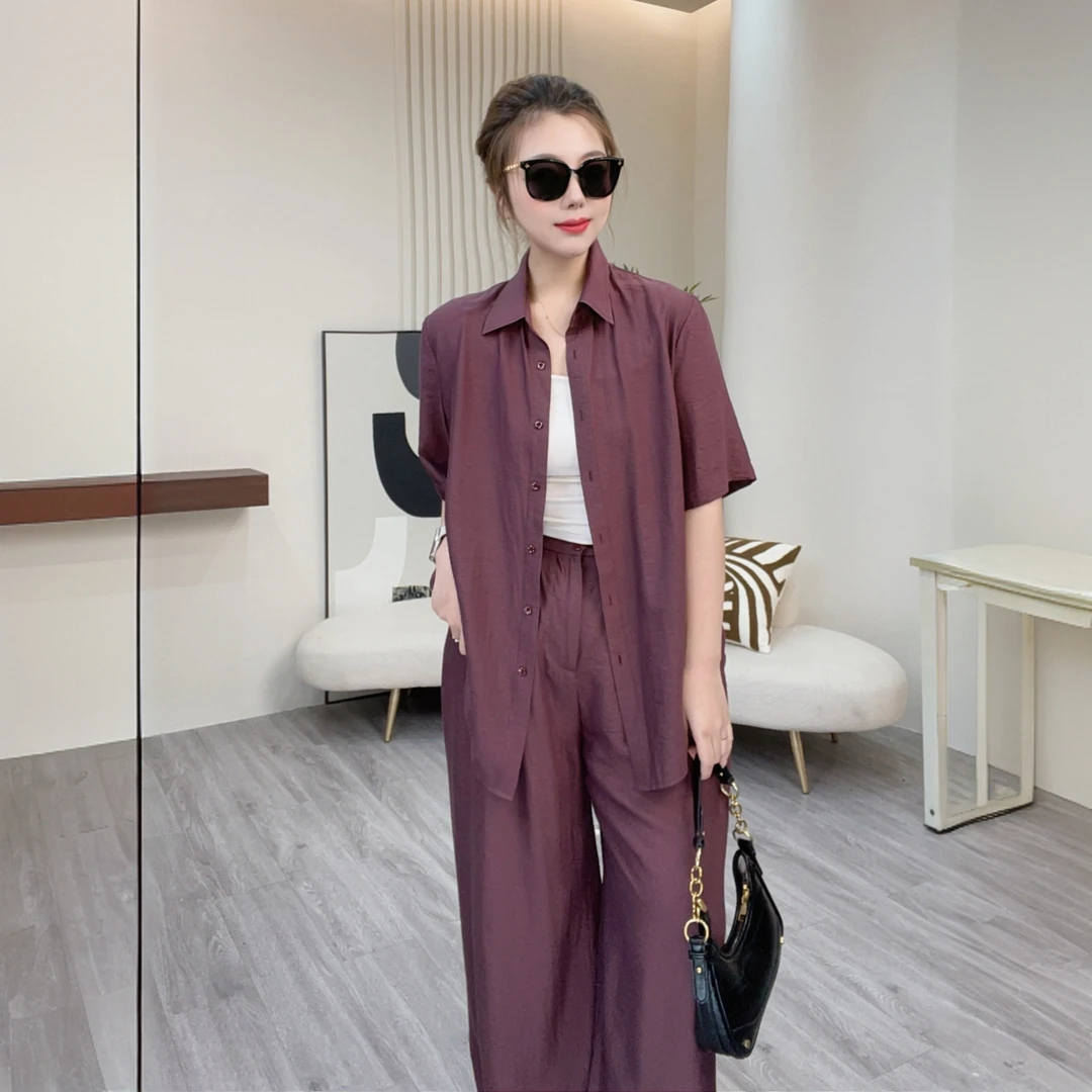 2025新款大码女装夏装短袖上衣阔腿裤两件套风缇纱显瘦遮肉套装