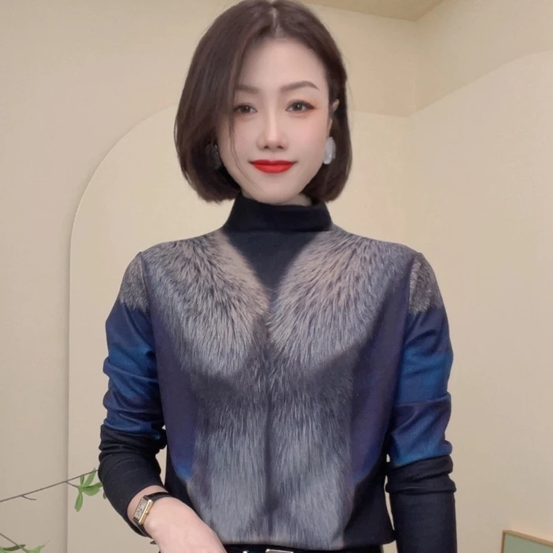 2024秋冬新款T恤时尚百搭设计感假两件减龄女士打底衫蕾丝气质女.