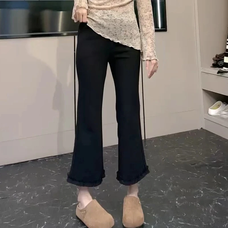 秋季休闲风高腰薄款休闲裤子女蕾丝花边直筒秋微喇裤显瘦百搭简约